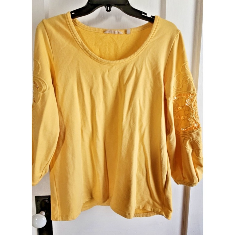 Soft Surroundings Bonavista 3/4 eyelet puff sleeves yellow tunic sweatshirt Sz S